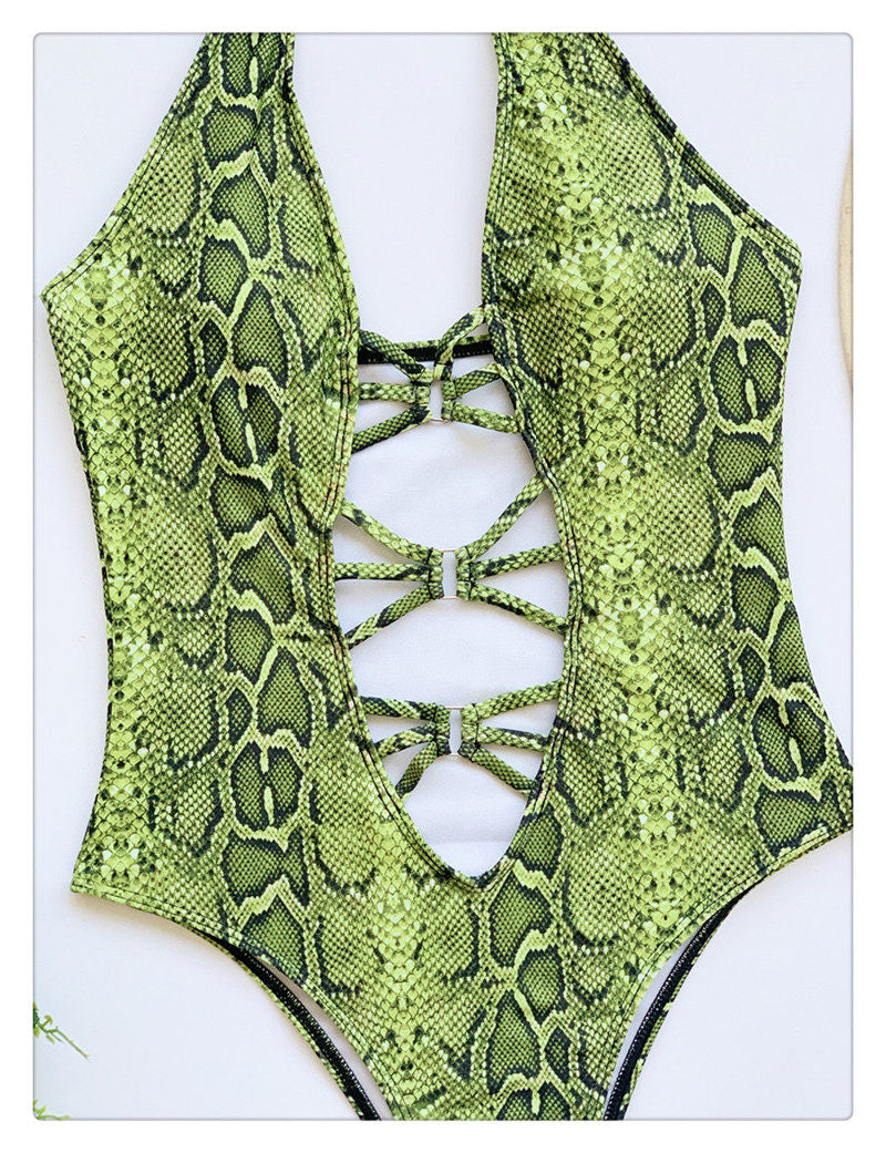 Lime Snakeskin Cut-Out Halter One Piece