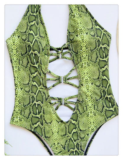 Lime Snakeskin Cut-Out Halter One Piece