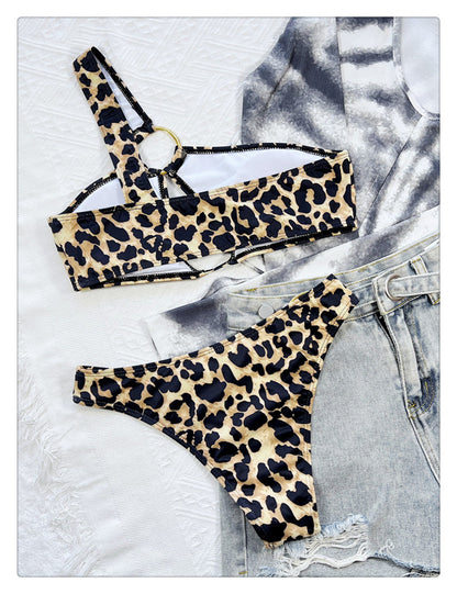 Leopard Ring Detail Cut-Out One-Shoulder Bikini