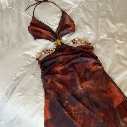 Floral Cut-Out Ruched Mesh Maxi Beach Dress