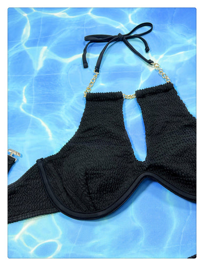 Black Ribbed Keyhole Bikini with Gold Chain Detail