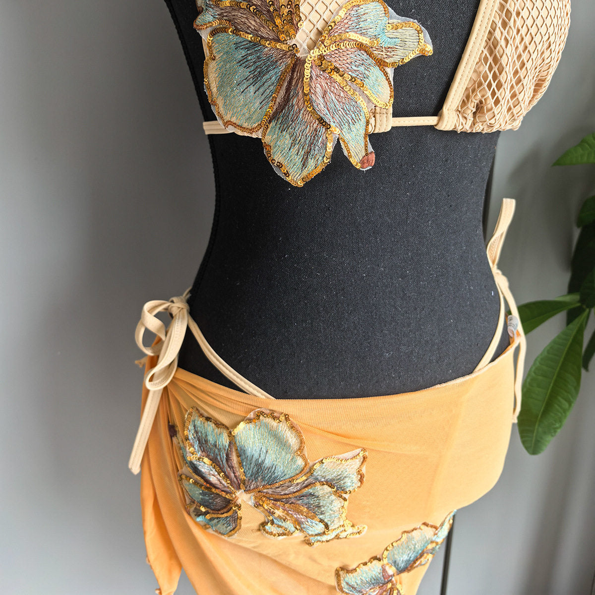 Sequin Floral Bikini and Mesh Sarong 3-Piece Set