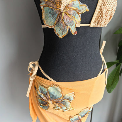 Sequin Floral Bikini and Mesh Sarong 3-Piece Set