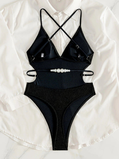 Ribbed V-Neck One-Piece Swimsuit in Classic Black