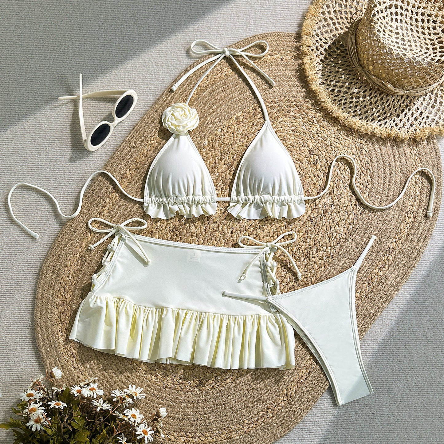 Cream Ruffle Halter Bikini with Rosette and Skirt