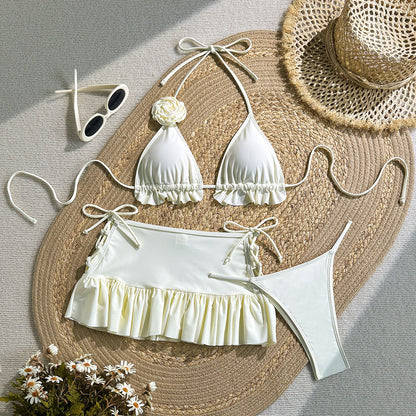 Cream Ruffle Halter Bikini with Rosette and Skirt