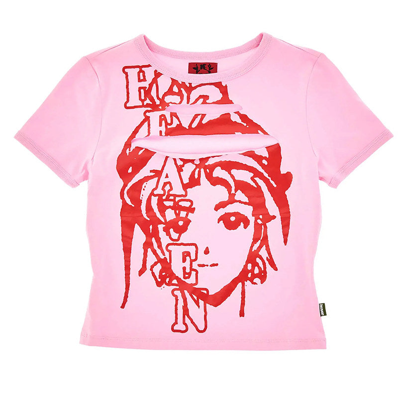 Anime Graphic Cut-Out Pink Baby Tee
