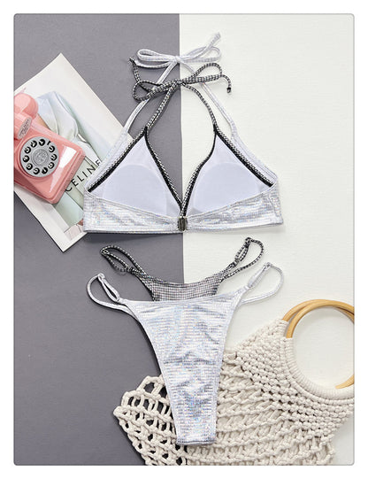 Silver Glitter Two-Tone High Leg Bikini Set