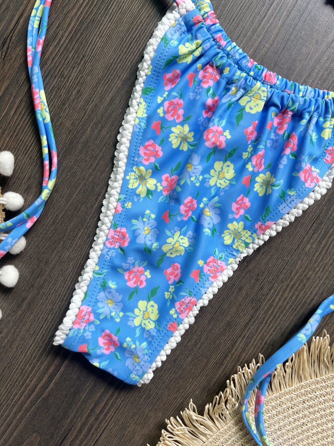 Floral Lace Trim Bow Triangle Bikini Set