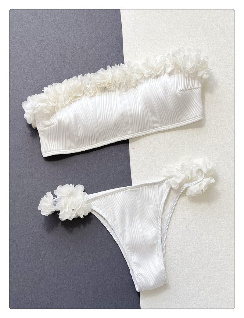 Floral 3D Applique Pleated Bandeau Bikini Set