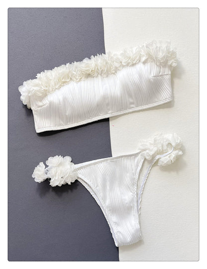 Floral 3D Applique Pleated Bandeau Bikini Set