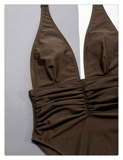 Espresso Ruched Halter Plunge One Piece