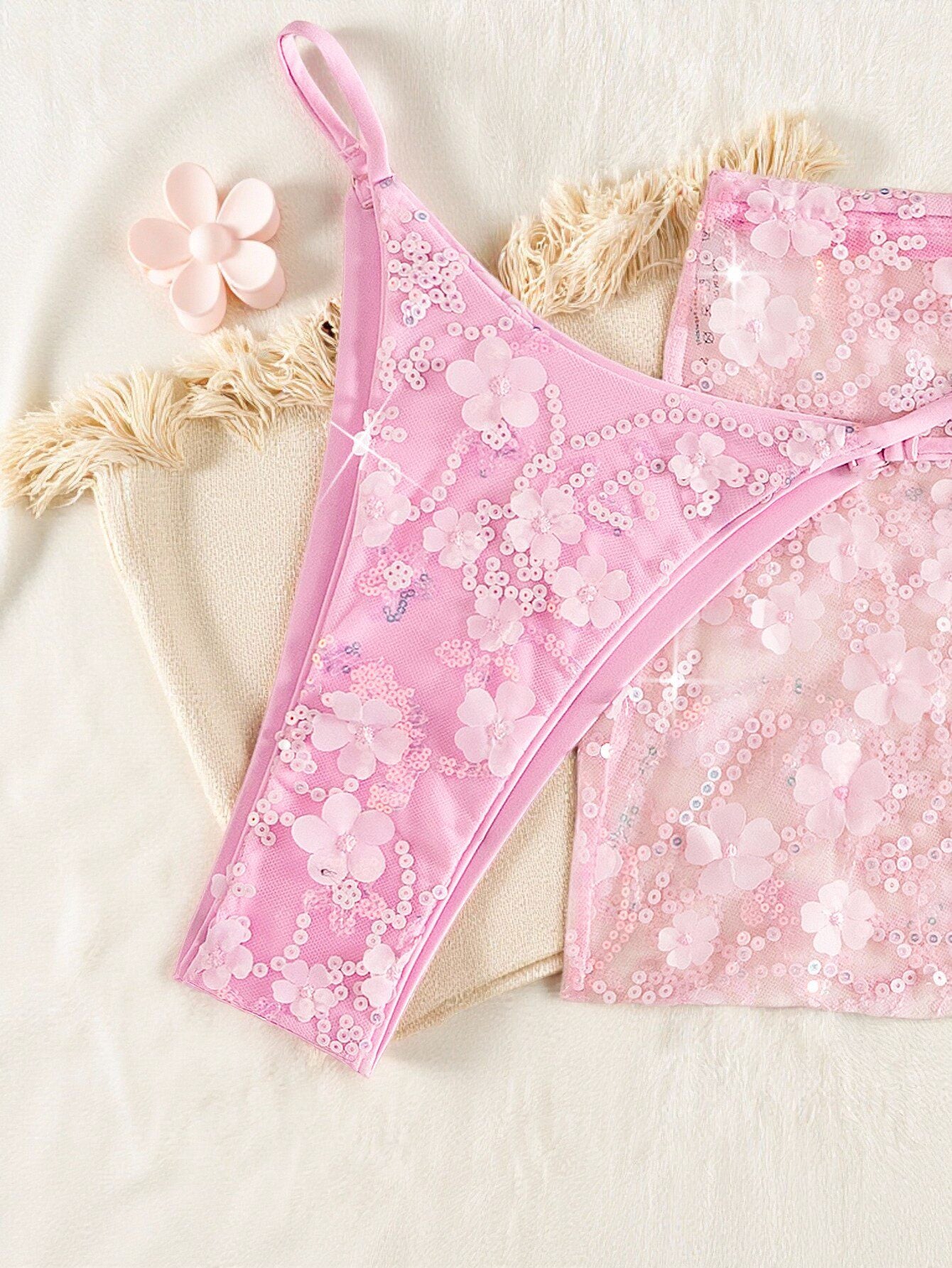 Pink Floral Sequin Bikini with Matching Sarong