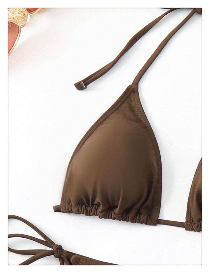 Brown Mesh Cut-Out Bikini and Cover-Up Dress Set