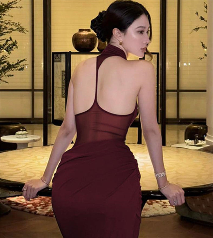 Elegant Halter Neck Ruched Drape Midi Dress