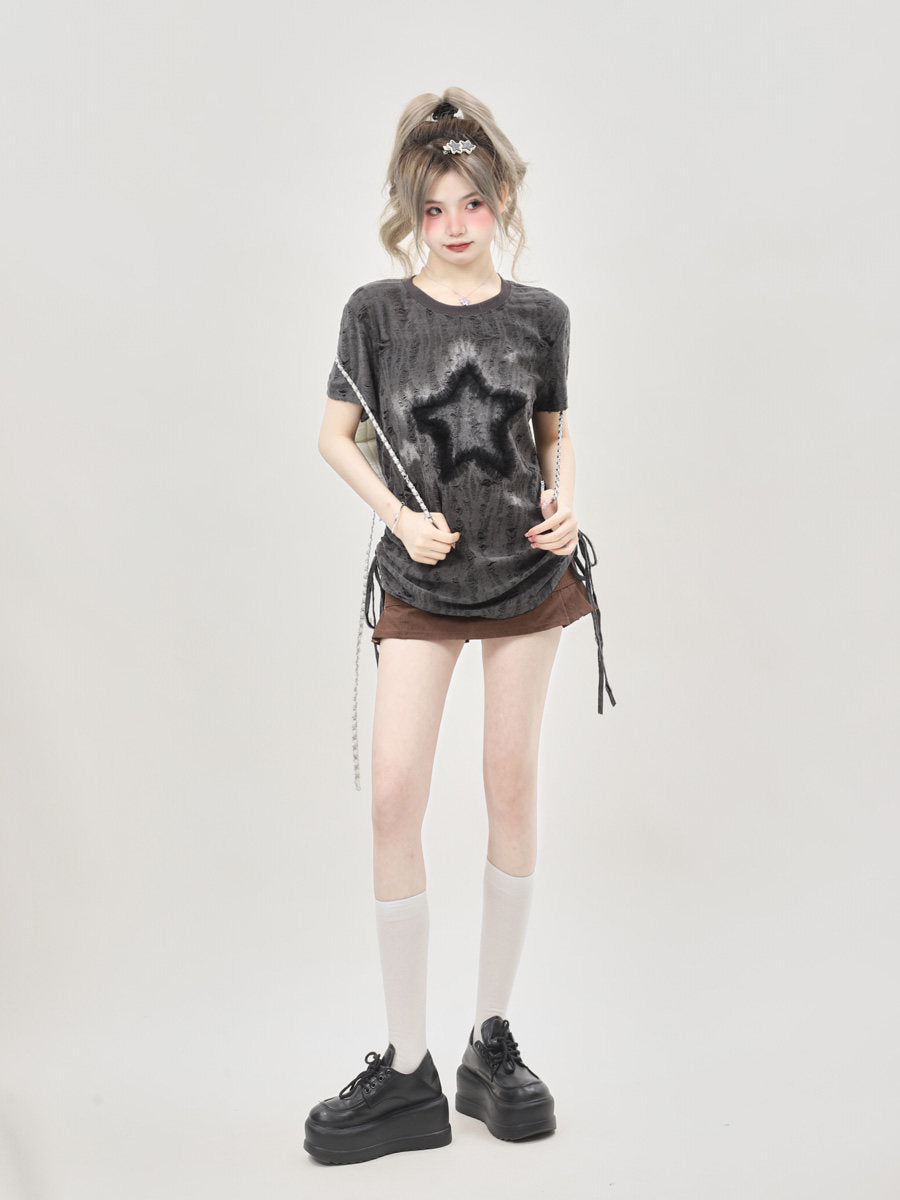 Distressed Star Graphic Grunge Gray T-Shirt
