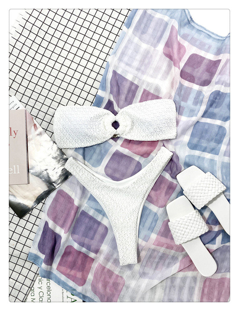 White Smocked O-Ring Strapless Bikini Set