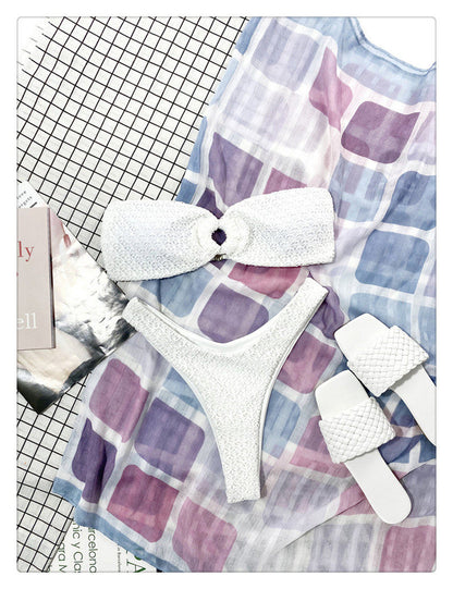White Smocked O-Ring Strapless Bikini Set