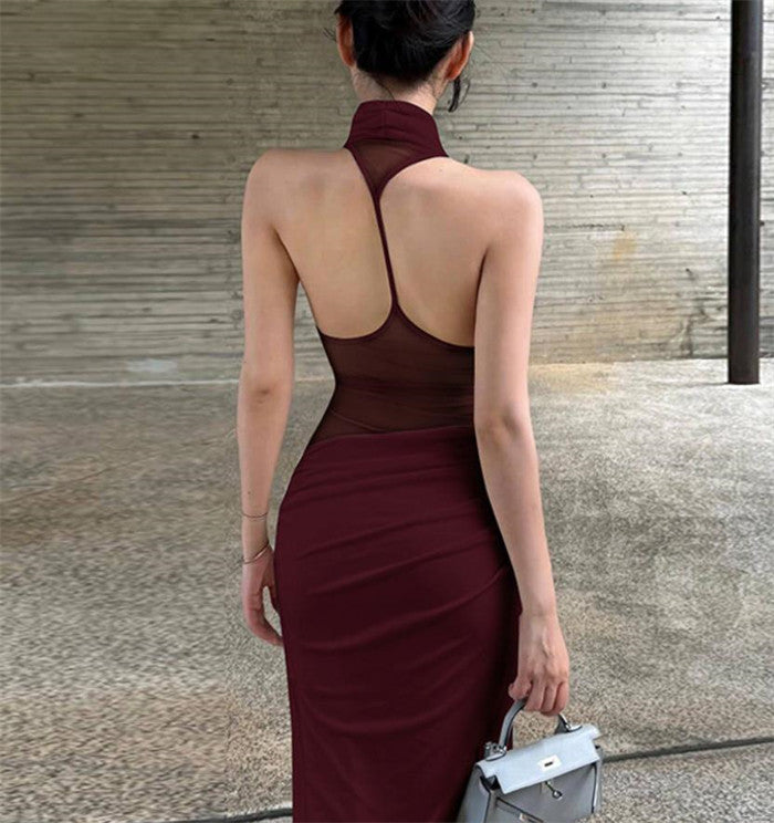 Elegant Halter Neck Ruched Drape Midi Dress