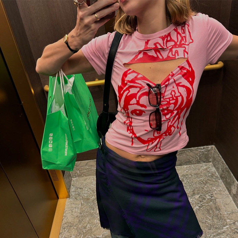 Anime Graphic Cut-Out Pink Baby Tee