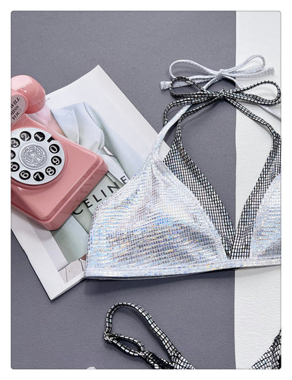 Silver Glitter Two-Tone High Leg Bikini Set