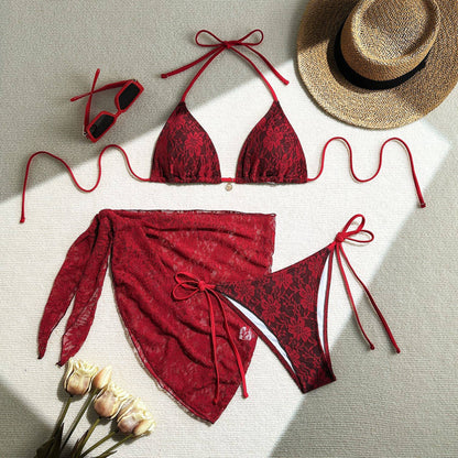 Floral Lace 3-Piece Bikini Set with Matching Sarong