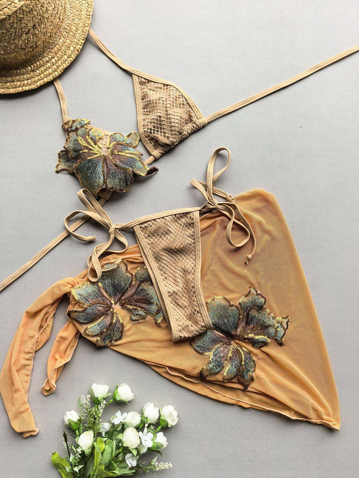 Sequin Floral Bikini and Mesh Sarong 3-Piece Set