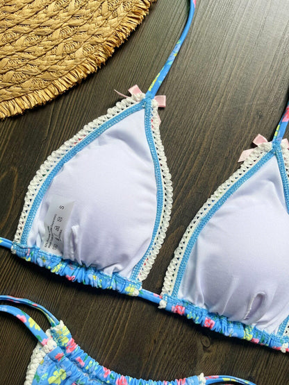 Floral Lace Trim Bow Triangle Bikini Set