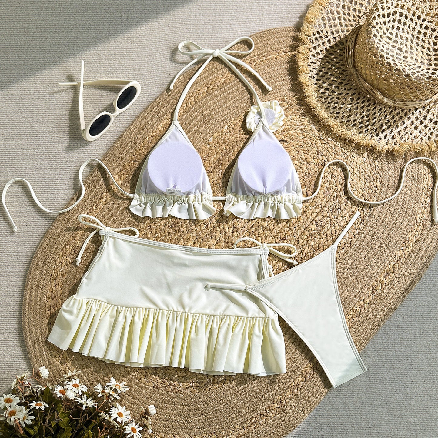 Cream Ruffle Halter Bikini with Rosette and Skirt