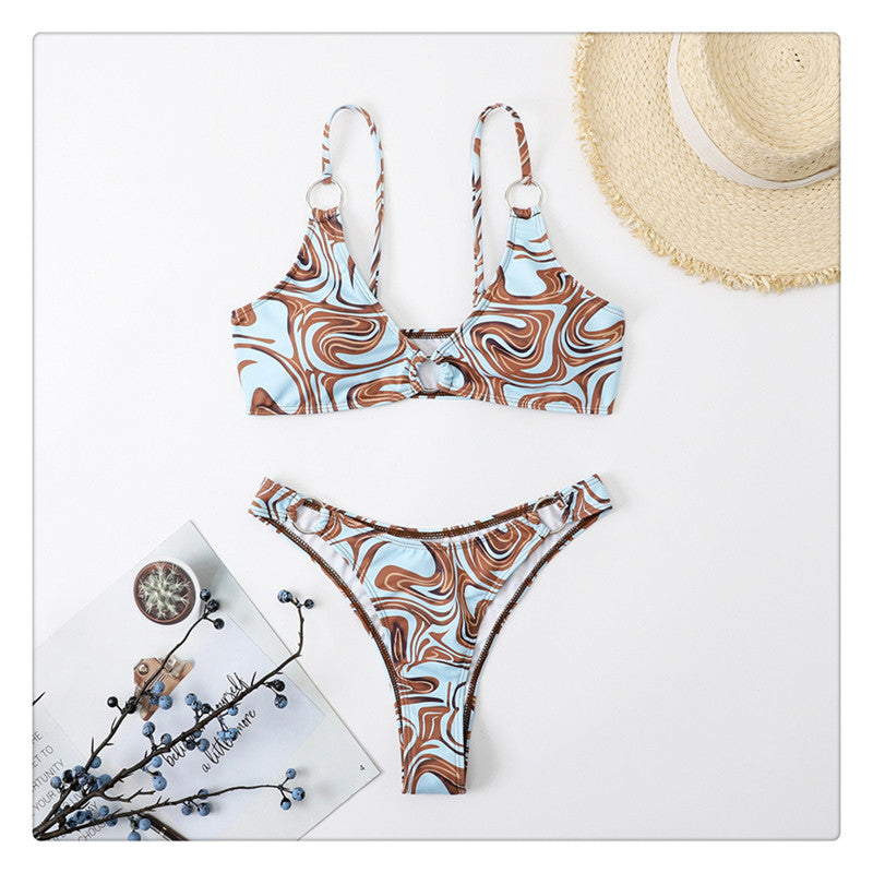 Blue Marble Ring Detail High-Leg Bikini Set