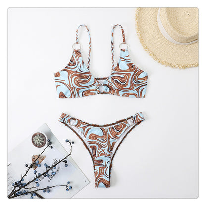 Blue Marble Ring Detail High-Leg Bikini Set