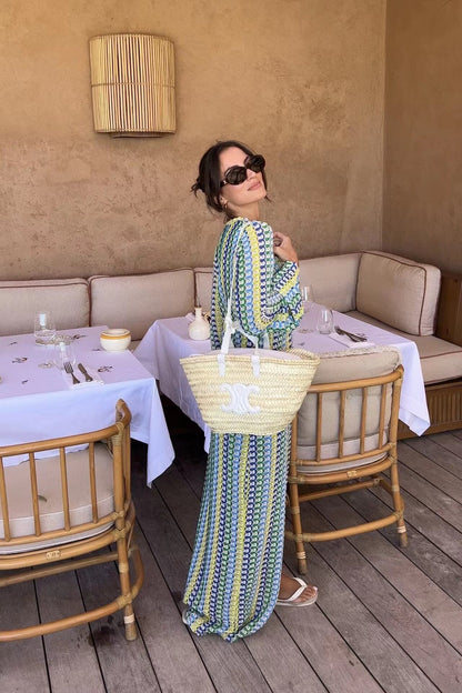 Crochet Stripe V-Neck Maxi Dress with Bell Sleeves