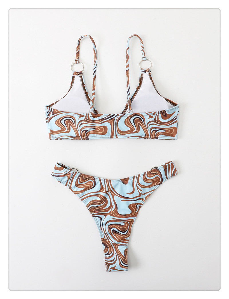Blue Marble Ring Detail High-Leg Bikini Set