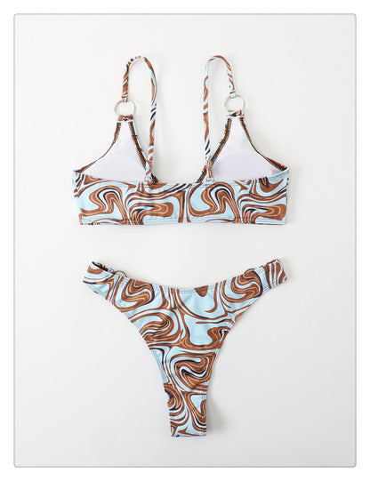 Blue Marble Ring Detail High-Leg Bikini Set
