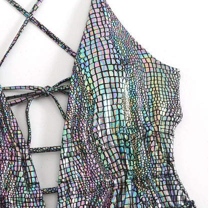 Metallic Holographic Snakeskin Cut-Out Swimsuit