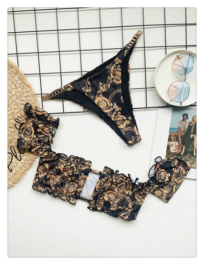 Baroque Print Off-Shoulder Chain Bikini