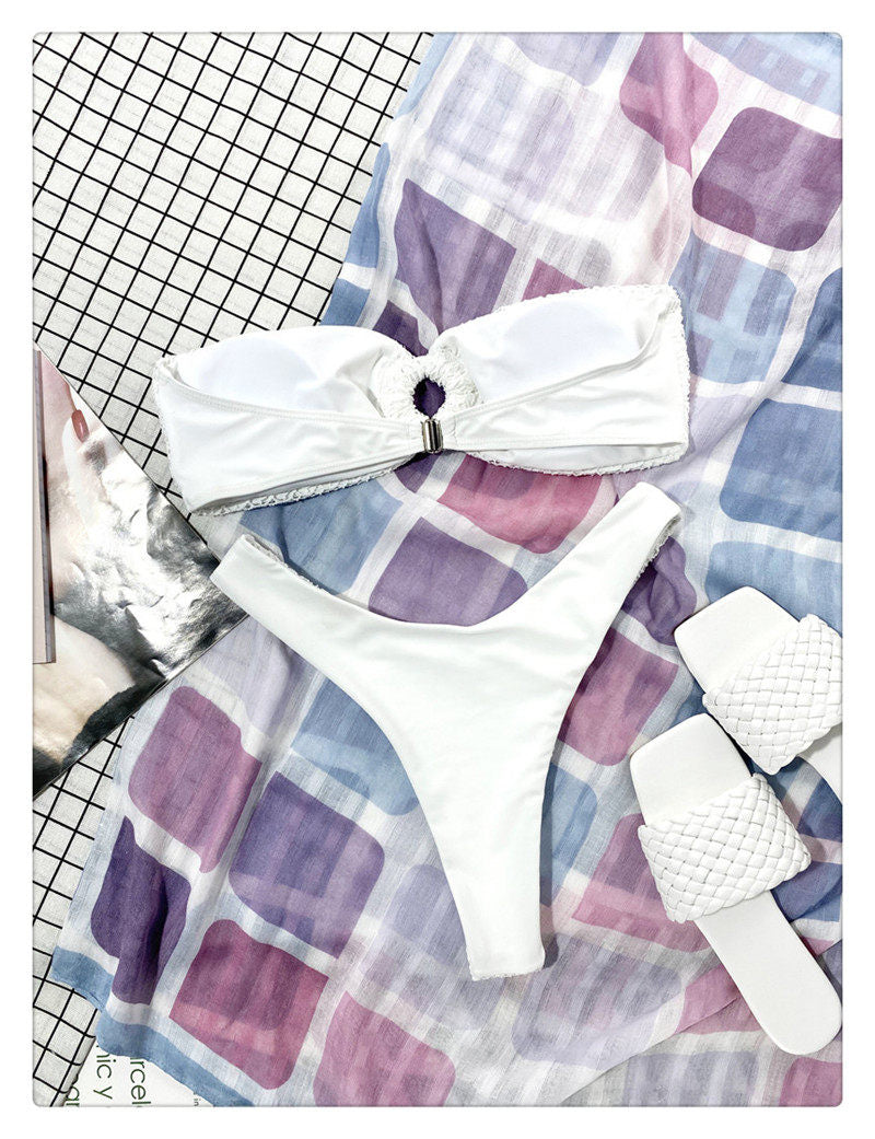 White Smocked O-Ring Strapless Bikini Set