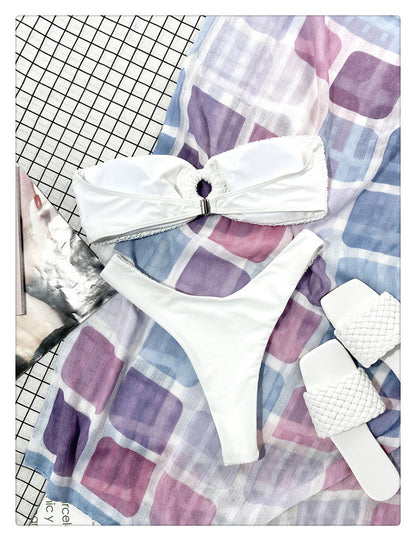 White Smocked O-Ring Strapless Bikini Set