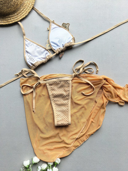 Sequin Floral Bikini and Mesh Sarong 3-Piece Set