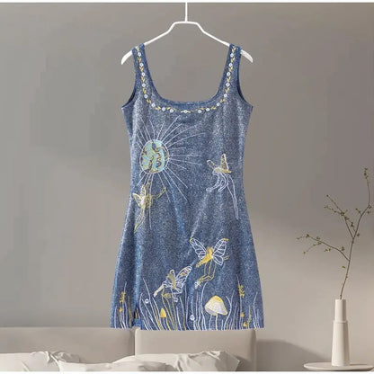 Celestial Beaded Butterfly Navy Mini Slit Dress