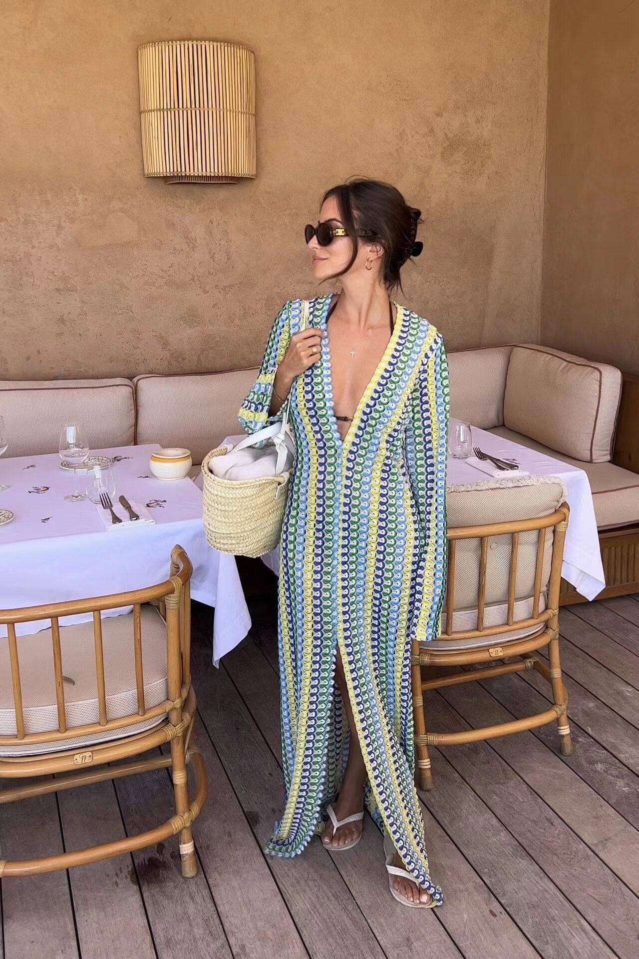Crochet Stripe V-Neck Maxi Dress with Bell Sleeves
