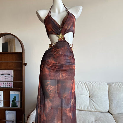 Floral Cut-Out Ruched Mesh Maxi Beach Dress