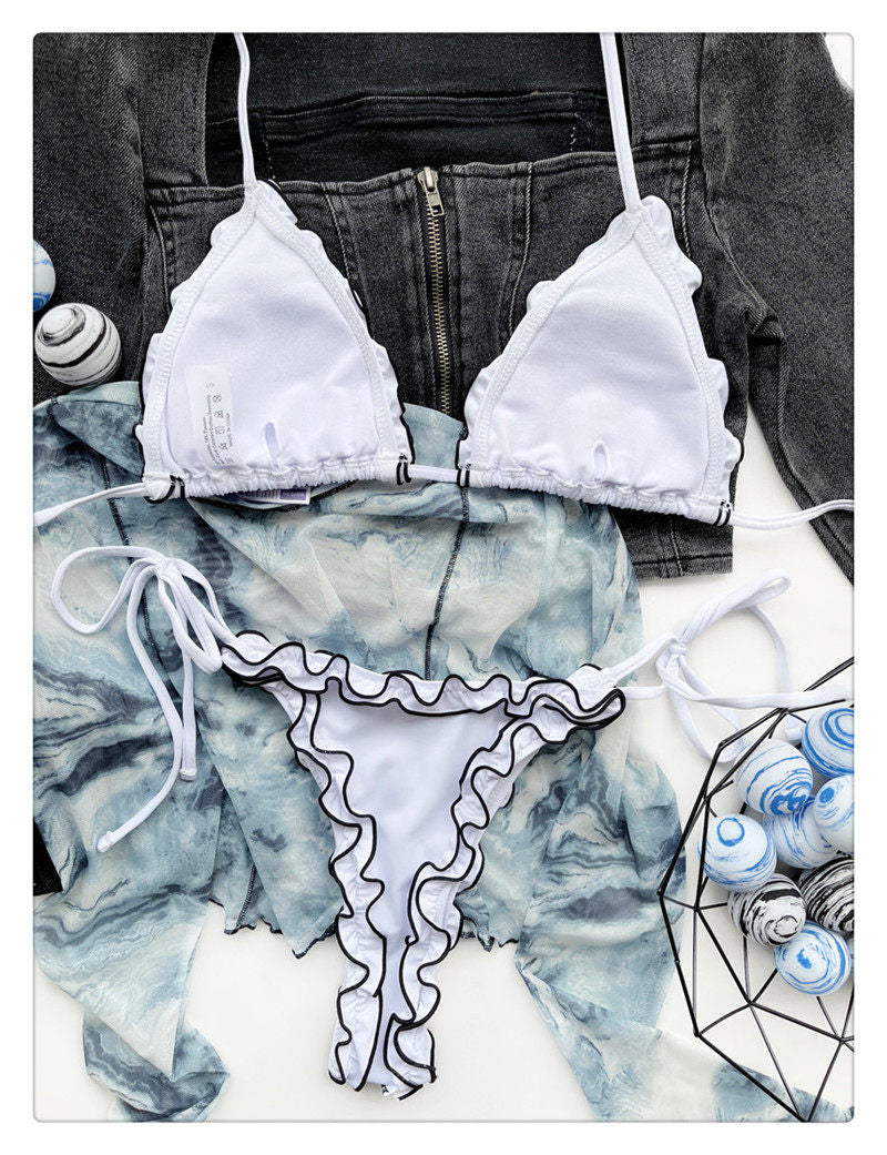 White Ruffle Trim Halter Bikini Set