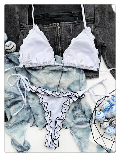 White Ruffle Trim Halter Bikini Set