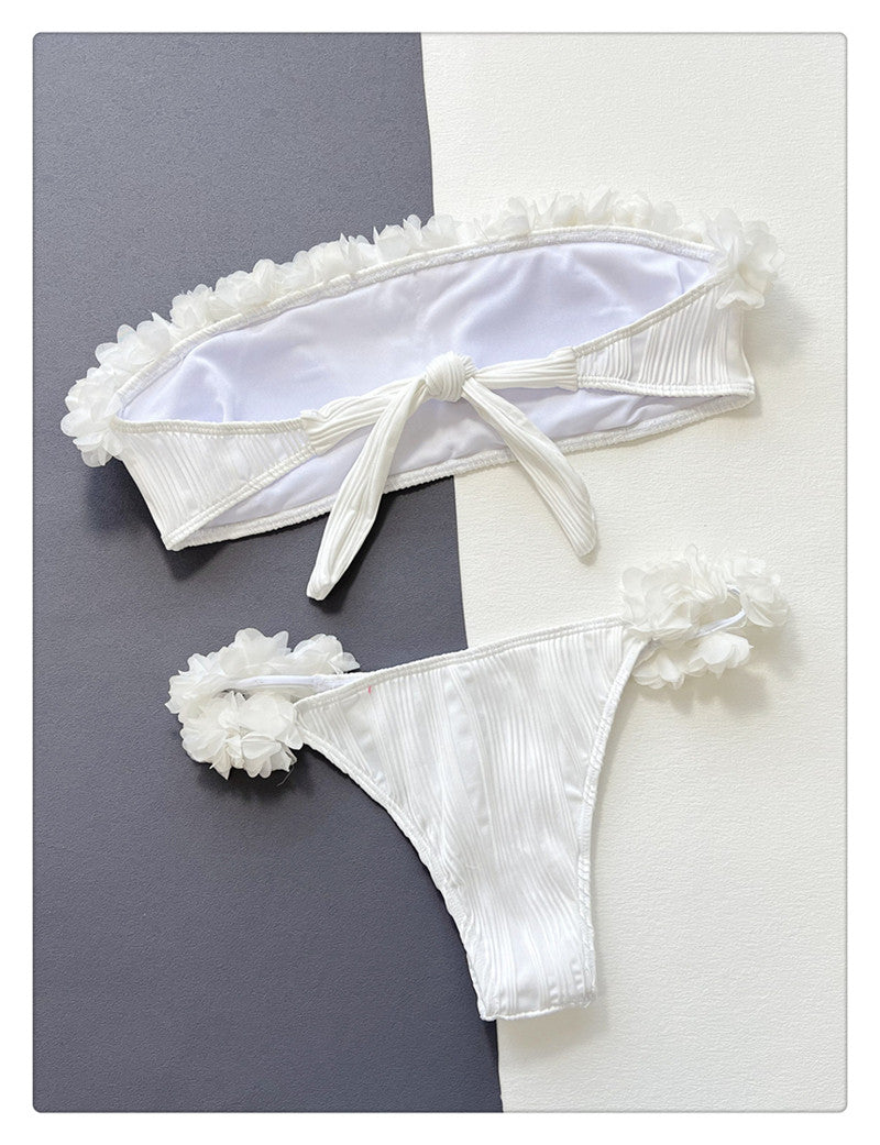 Floral 3D Applique Pleated Bandeau Bikini Set