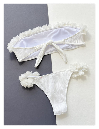 Floral 3D Applique Pleated Bandeau Bikini Set