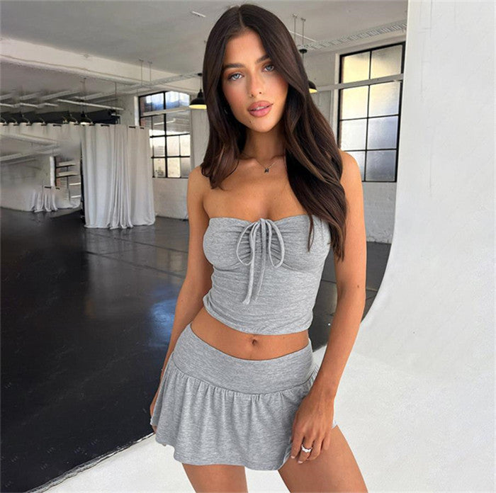 Yellow Ruched Tube Top and Mini Skirt Set