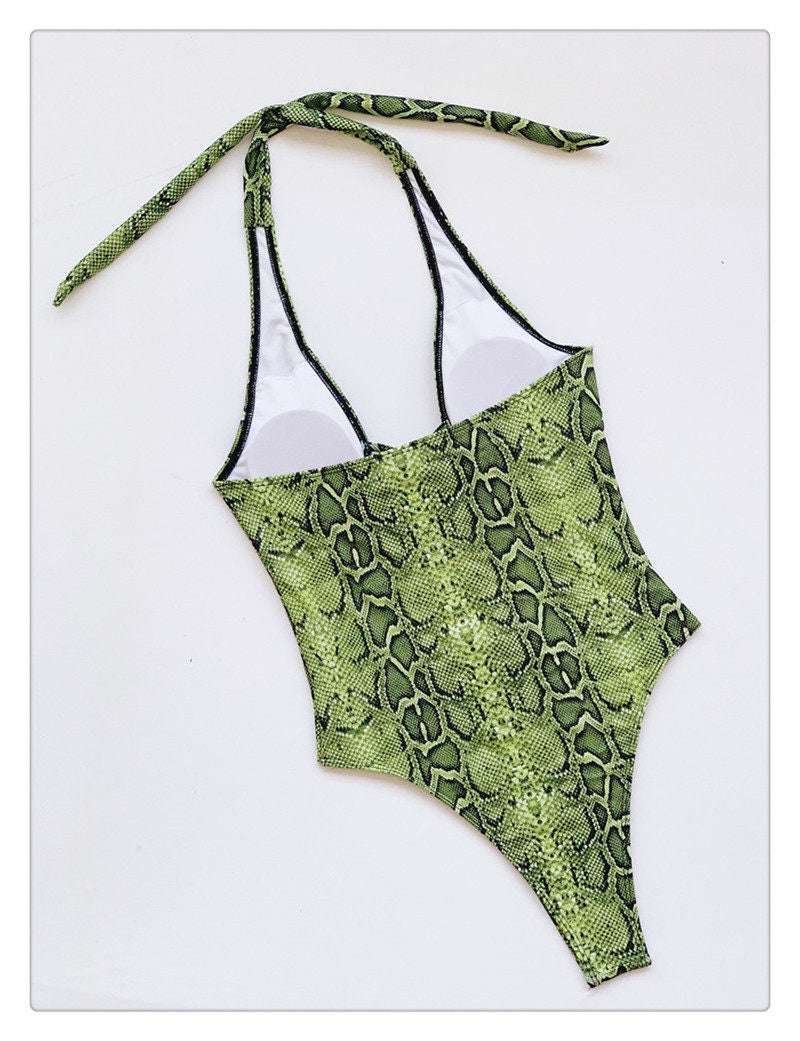 Lime Snakeskin Cut-Out Halter One Piece