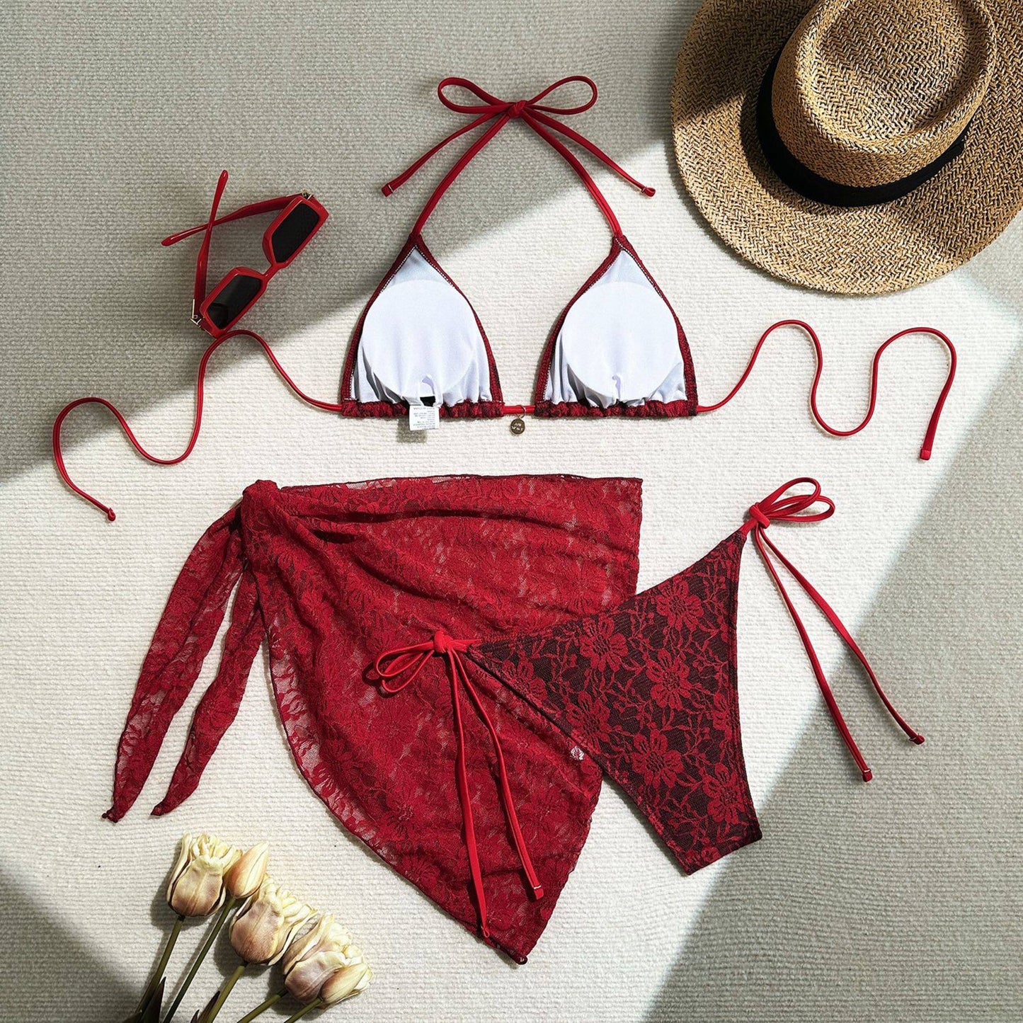 Floral Lace 3-Piece Bikini Set with Matching Sarong