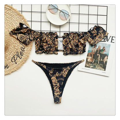 Baroque Print Off-Shoulder Chain Bikini